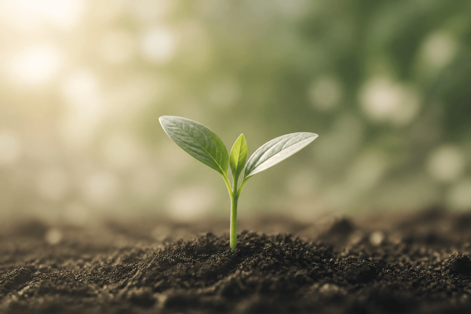 A small green seedling with two tender leaves emerging from rich, dark soil
